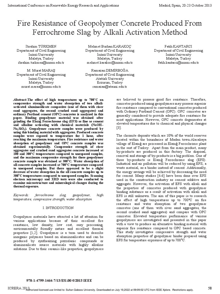 Fire Resistance of Geopolymer Concrete Produced From Ferrochrome Slag ...