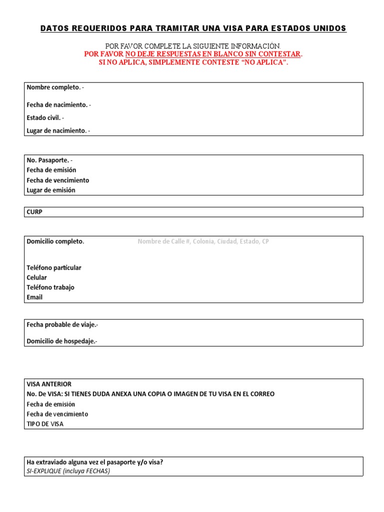 Datos para Visa para Estados Unidos | PDF | Visa de viaje