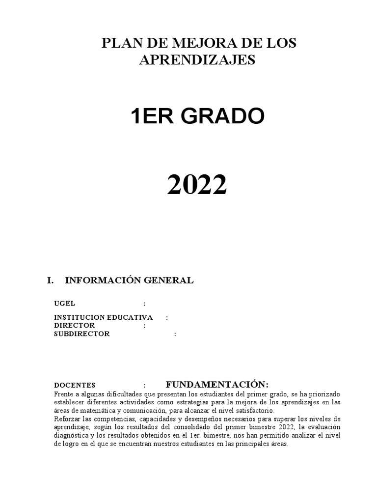 Plan de Mejora para 1er Grado | PDF | Evaluación | Aprendizaje