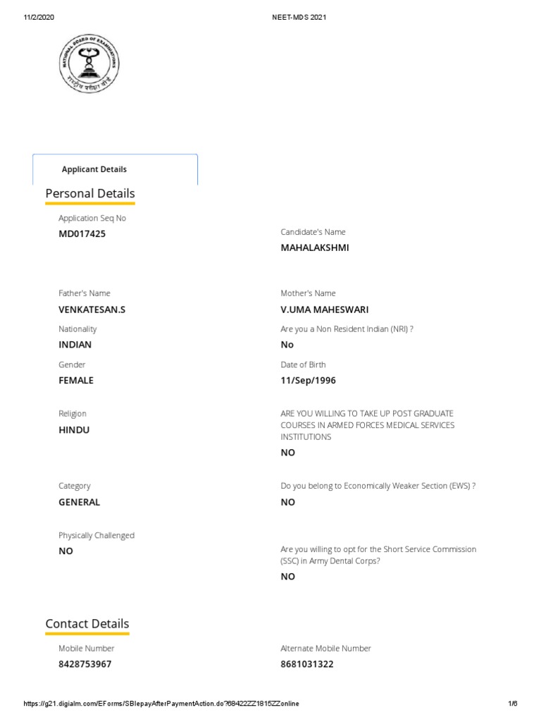 Personal Details MD017425 Mahalakshmi PDF Dental Degree Doctor