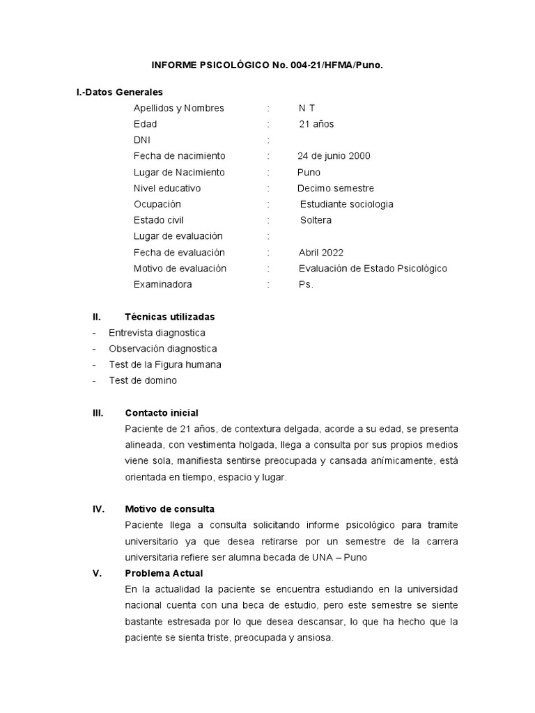 Informe Psicologico Nataly | PDF | Depresión (estado de ánimo) | Las ...