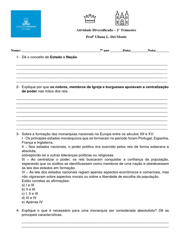 Atividade Diversificada de História - 7 Ano | PDF | Estado | Monarquia