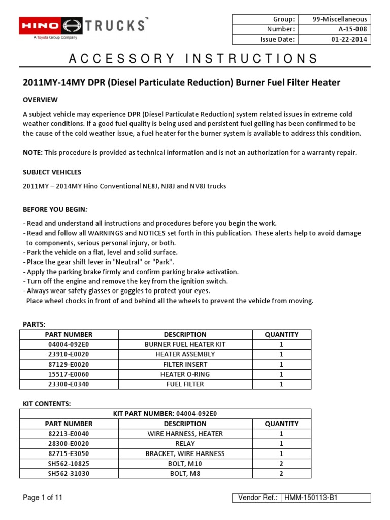 A15008 11MY14MY DPR Burner Fuel Filter Heater PDF Electrical