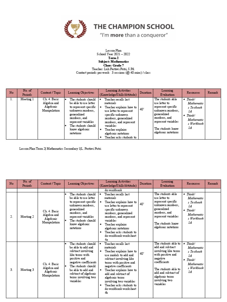Grade 7 Math Lesson Plan Term 2 | PDF | Factorization | Equations