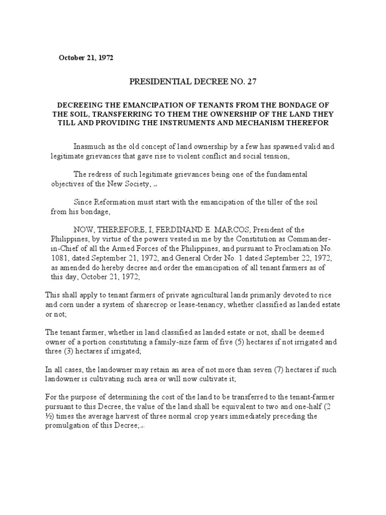 Emancipation of Tenants Decree (PD 27) | PDF | Decree | Government