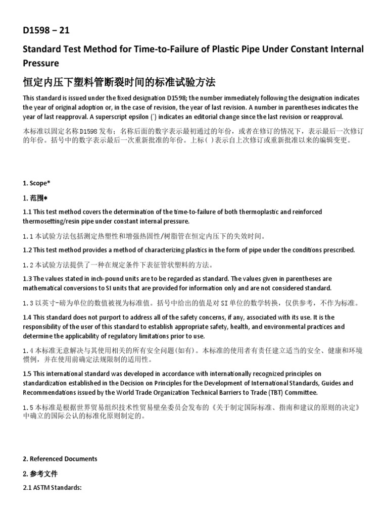 D1598 21 Standard Test Method For TimetoFailure of Plastic Pipe Under