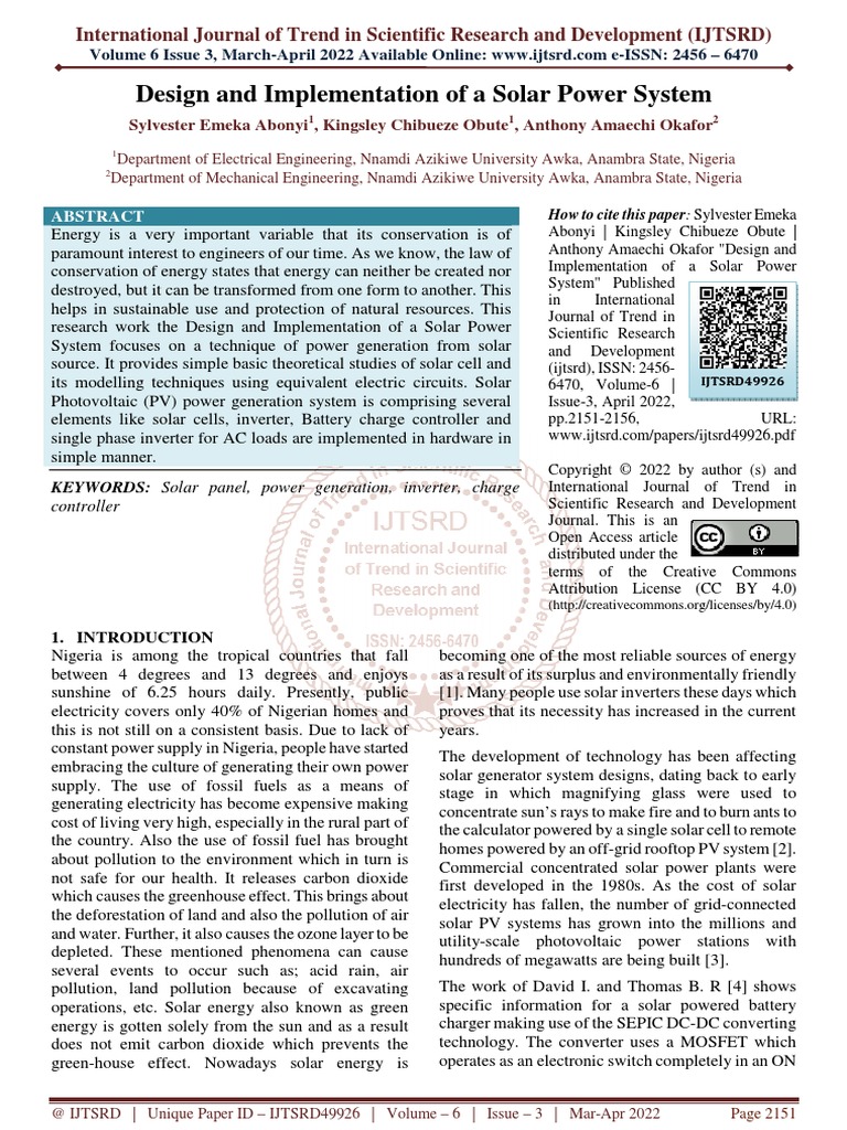 Design and Implementation of A Solar Power System | PDF | Solar Power ...