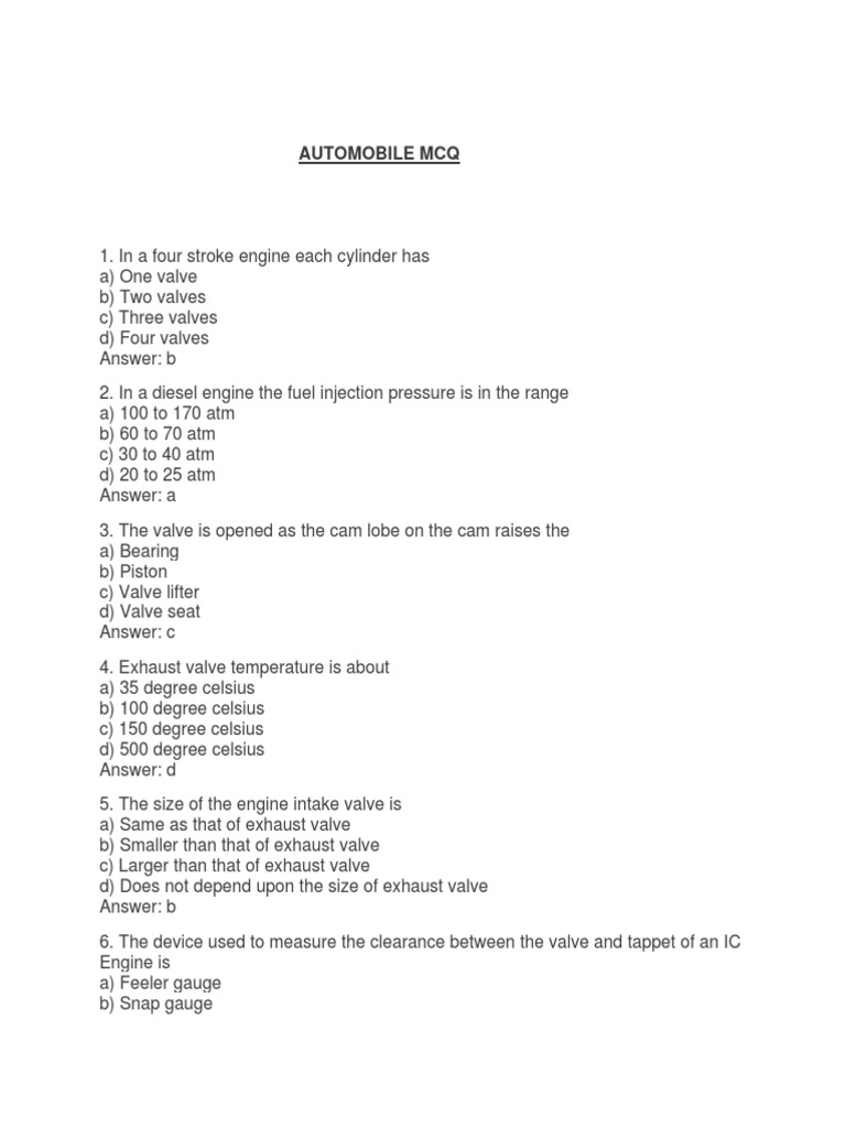Automobile MCQ PDF Piston Fuel Injection