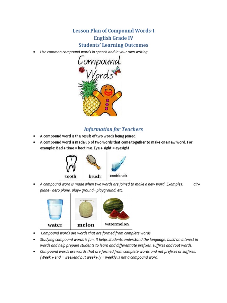 Compound Words Lesson Plan for Grade 4 | PDF | Lesson Plan | Word