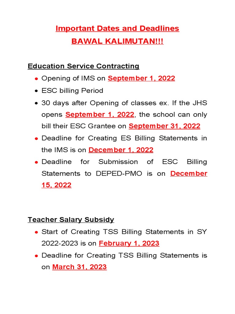 Important Dates and Deadlines PDF