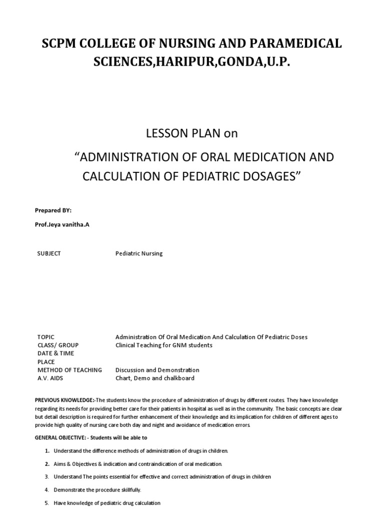 LESSON PLAN Administration of Oral Medication PDF Nursing Hospital