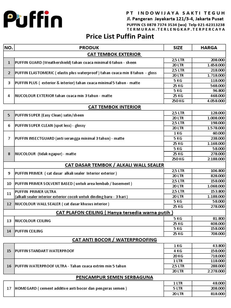 Baru price list all product puffin paint update 21 april pdf