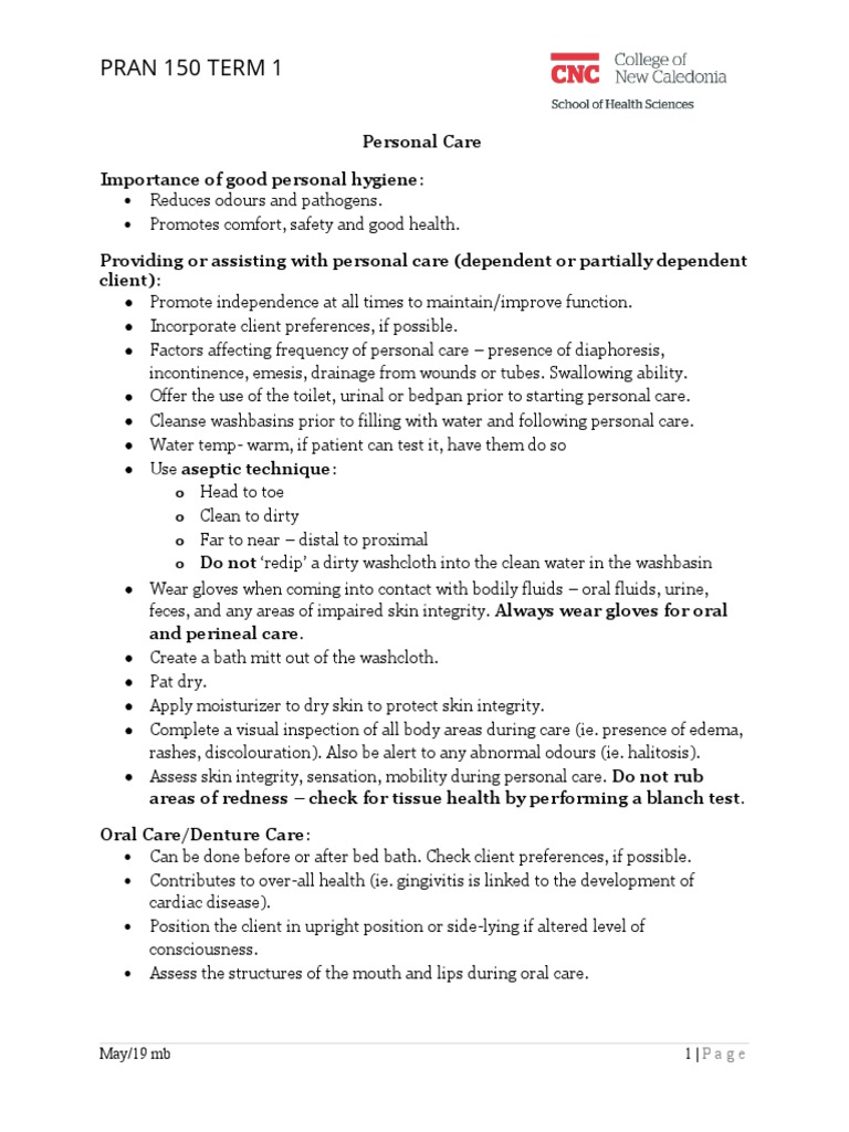 Personal Care Handout PDF Oral Hygiene Medicine
