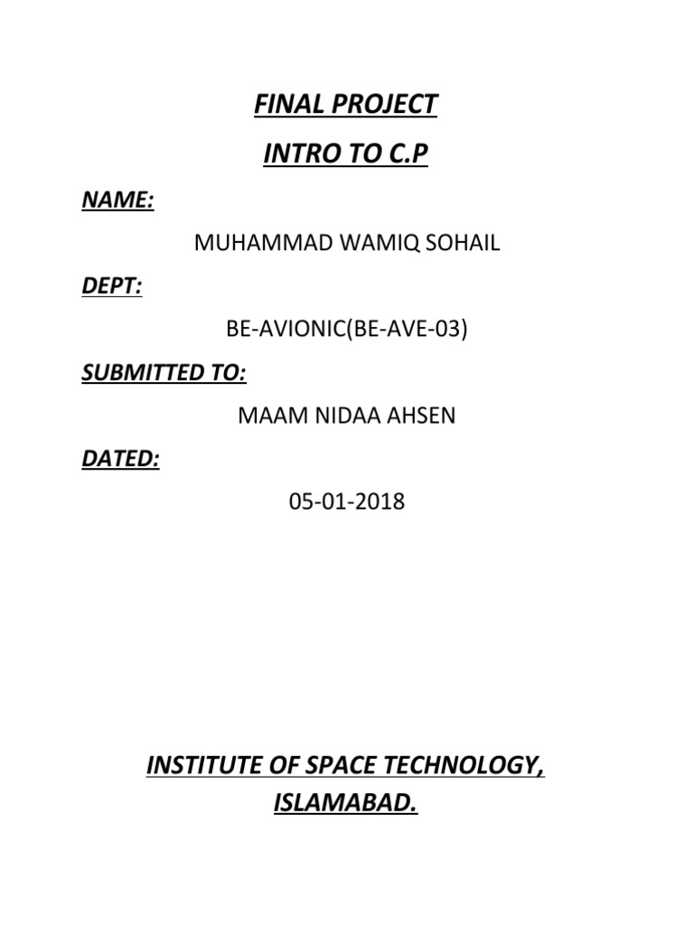 Final Project Intro To C.P: Name: Dept: Submitted To: Dated | PDF ...