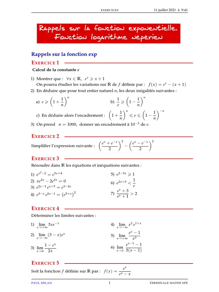 05 Exos Rappels Exp FNT LN | PDF | Fonction (Mathématiques) | Limite ...