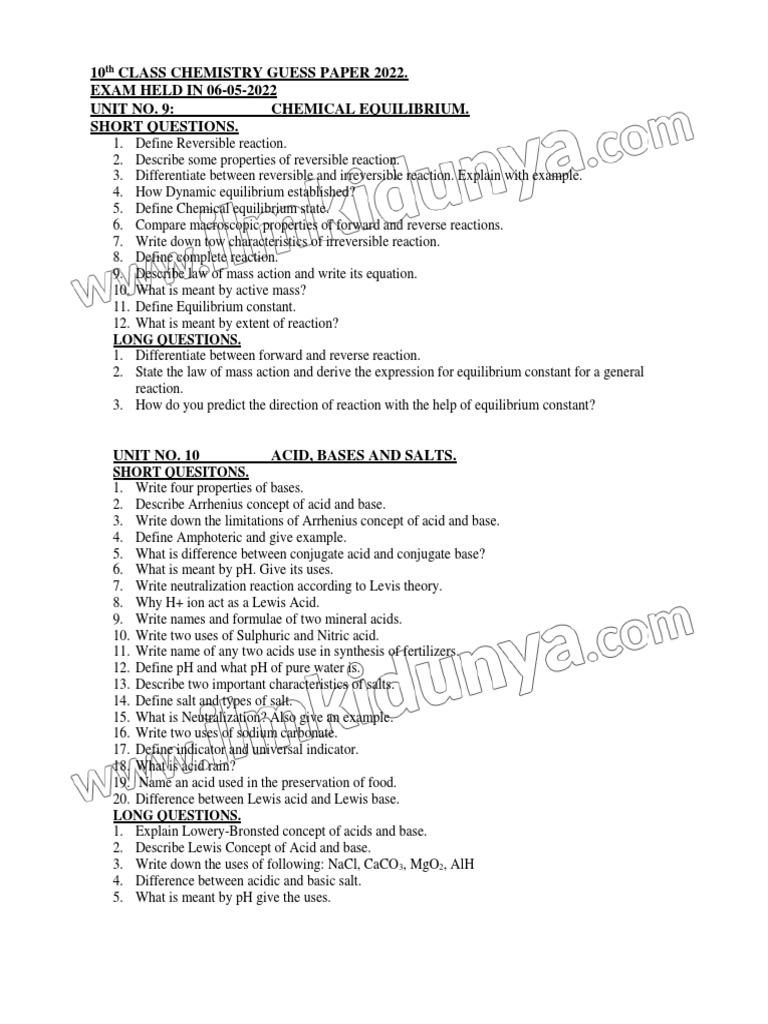 10 Class Chemistry Guess Paper 2022. EXAM HELD IN 06052022 Unit No. 9