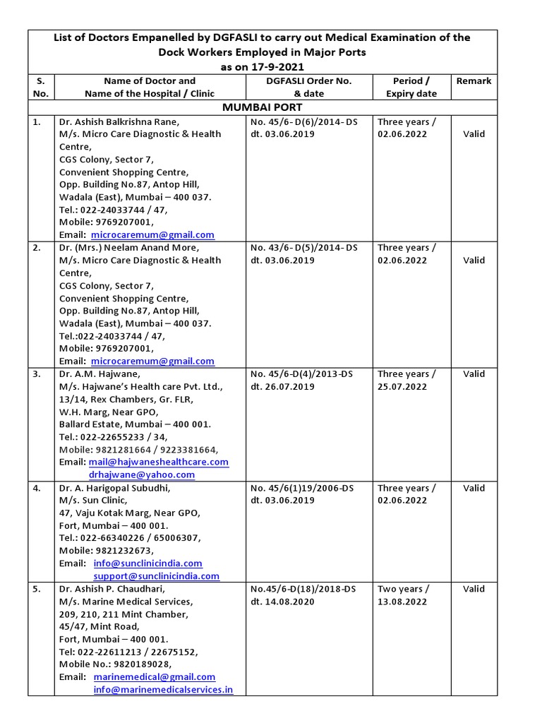 DGFASLI Empanelled Doctors List | PDF | Medicine | Social Programs