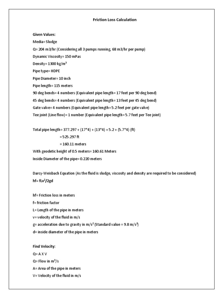 Friction Loss Calculation Using Darcy-Weisbach Equation | PDF