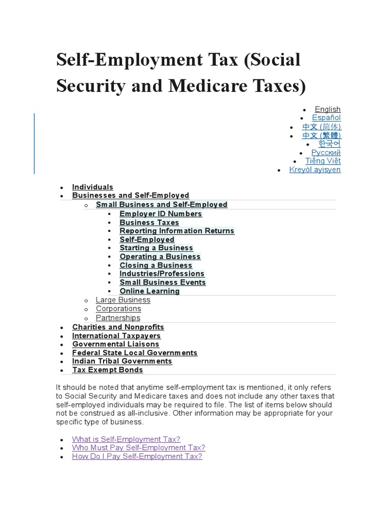 SelfEmployment Tax (Social Security and Medicare Taxes) o o o o