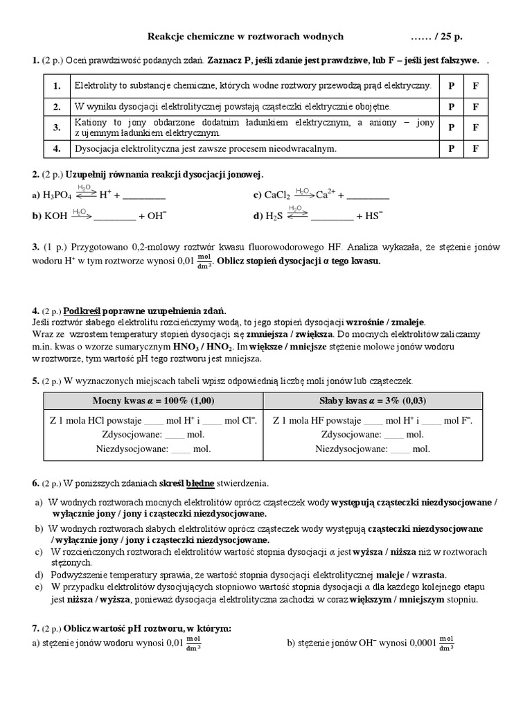 Chemia Woda I Roztwory Wodne Reakcje Chemiczne W Roztworach Wodnych | PDF