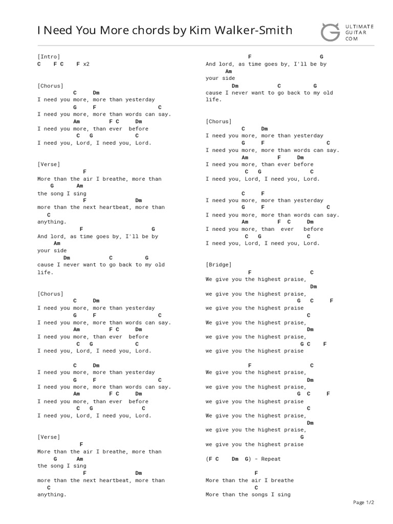 I Need You More Chords by Kim WalkerSmith C FC F F G Am DM C G PDF