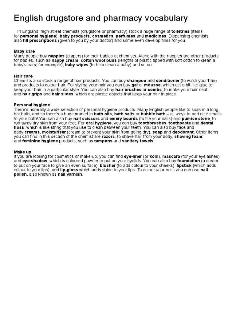 English Drugstore and Pharmacy Vocabulary PDF