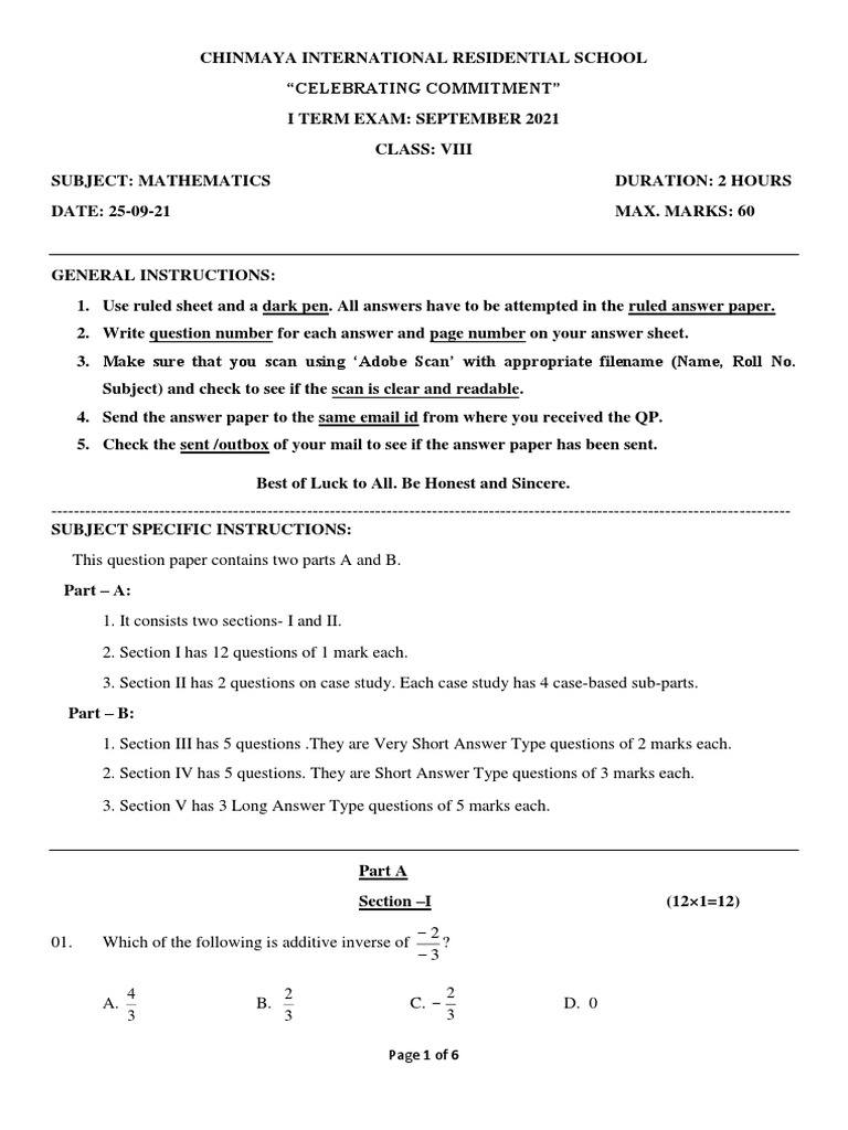 Class 8 Maths - I Term Exam (25.9.2021) | PDF | Mathematics