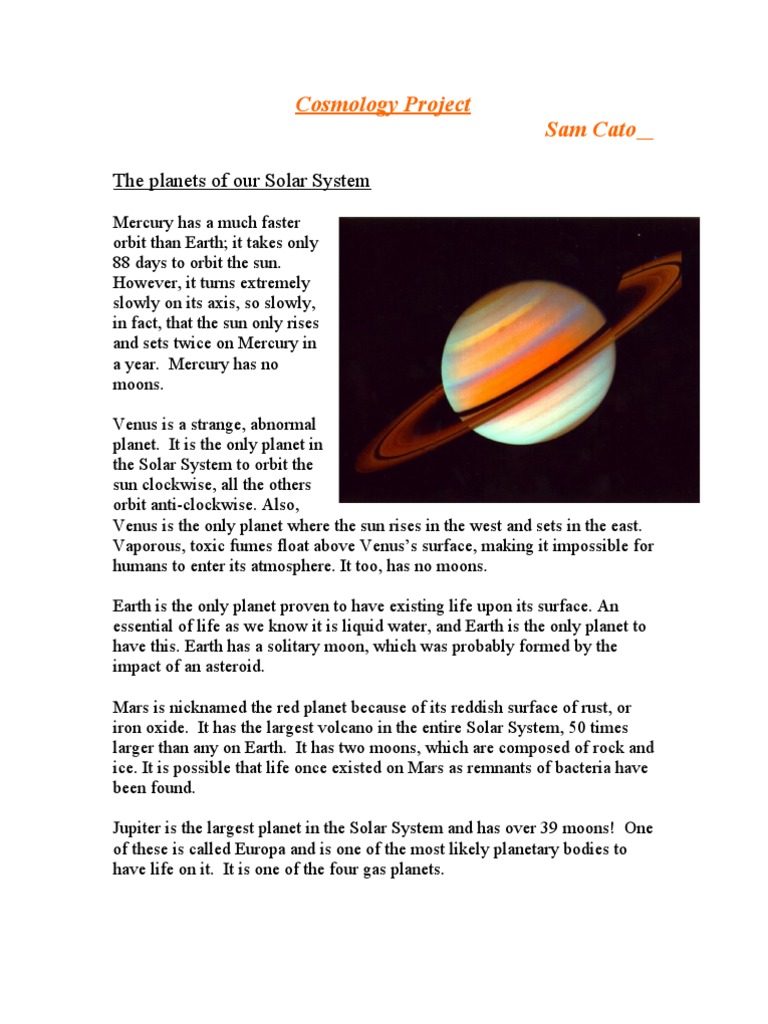 Cosmology Project Sam Cato: The Planets of Our Solar System | PDF ...