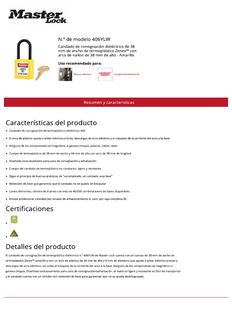 Es Masterlock.eu 406YLW PDF