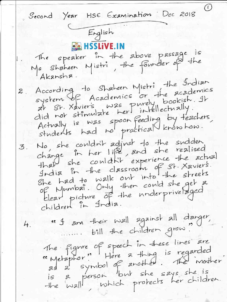 Hsslive XII English Dec 2018 Term Exam Answer Key PDF