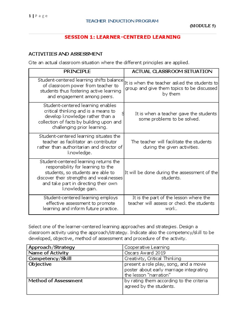 Session 1: Learner-Centered Learning: Activities and Assessment | PDF ...