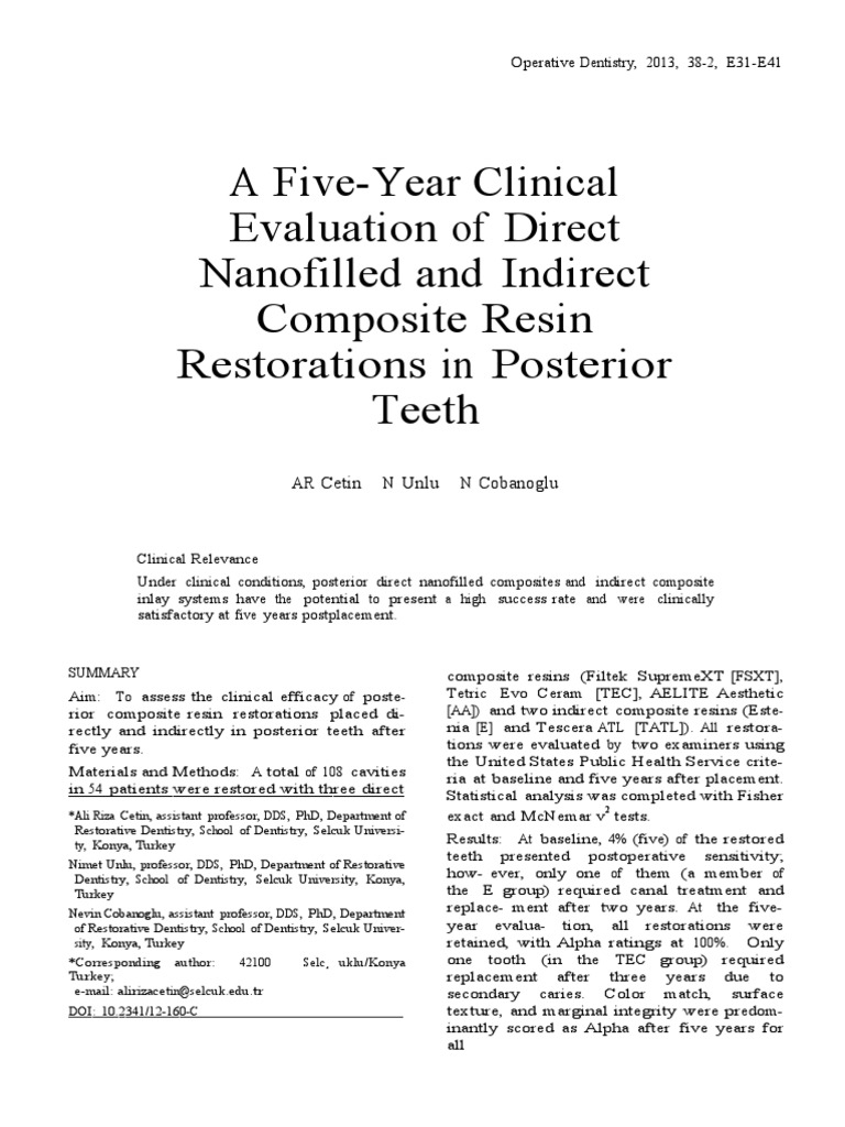 A FiveYear Clinical Evaluation of Direct Nanofilled and Indirect