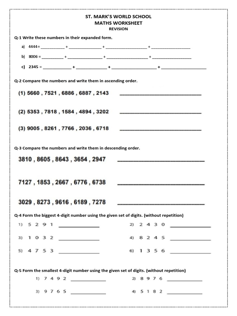 St. Mark'S World School Maths Worksheet | PDF