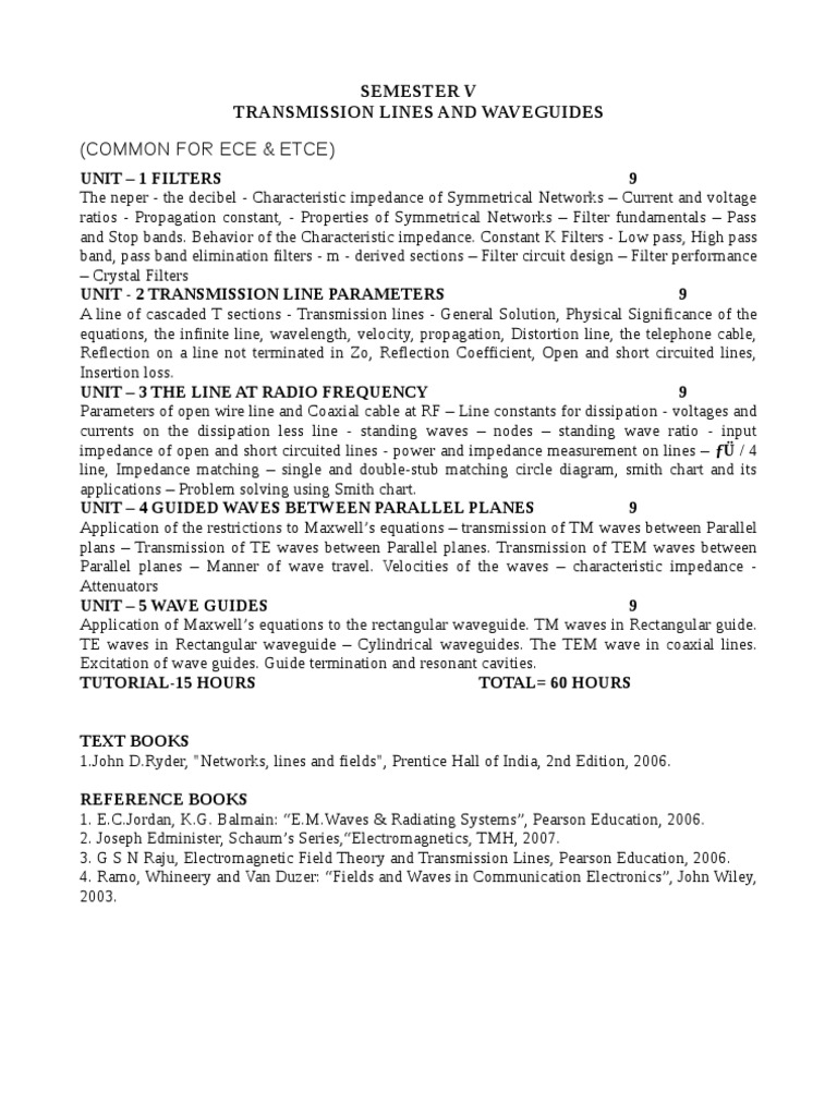 ECE 5th Sem Transmission Lines Syllabus | PDF