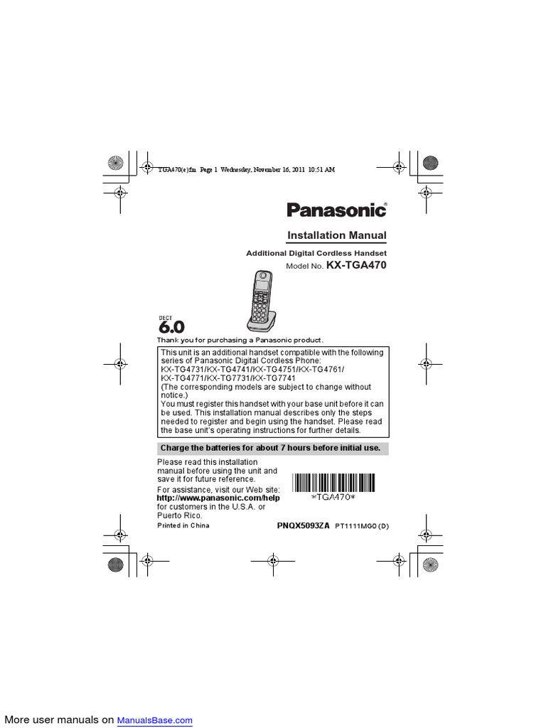 Panasonic KXTGA470 Additional Digital Cordless Handset Installation