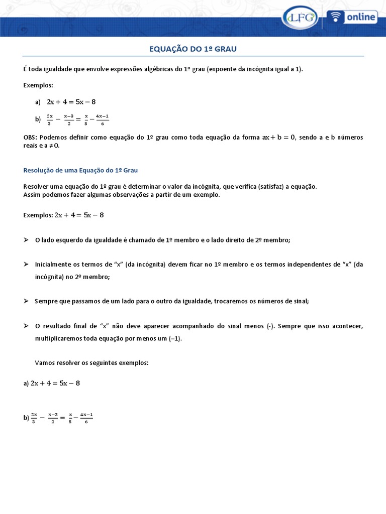 Equação 1º Grau | PDF | Equações | Conceitos matemáticos