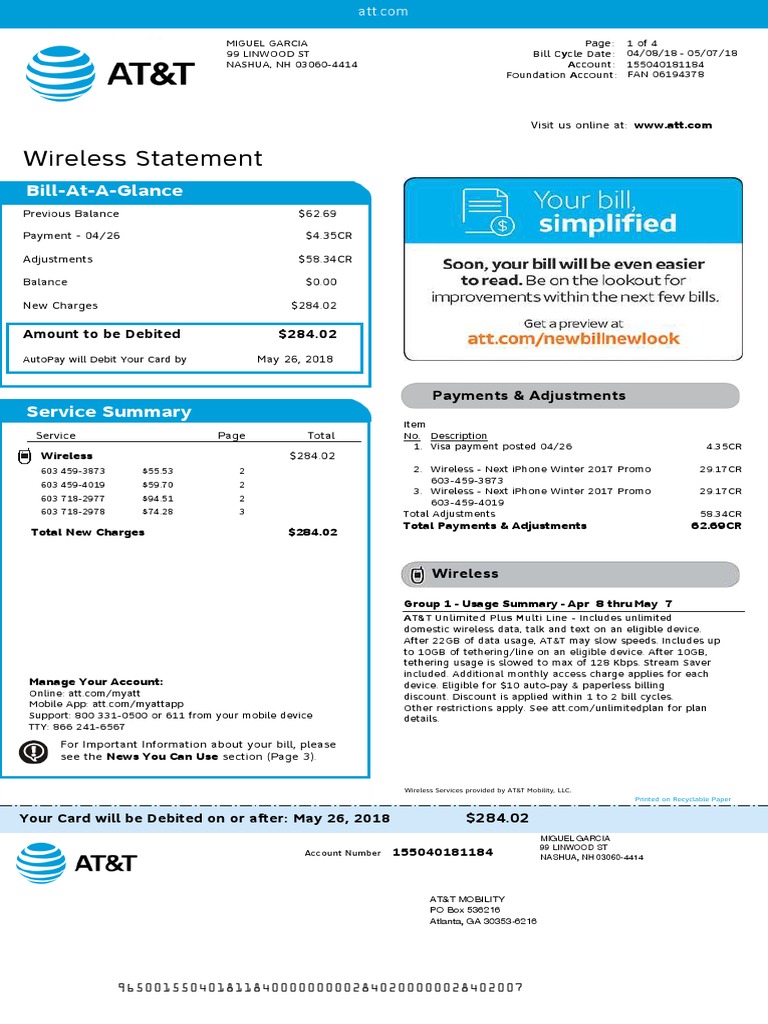 Wireless Statement BillAtAGlance PDF Fee At&T Mobility