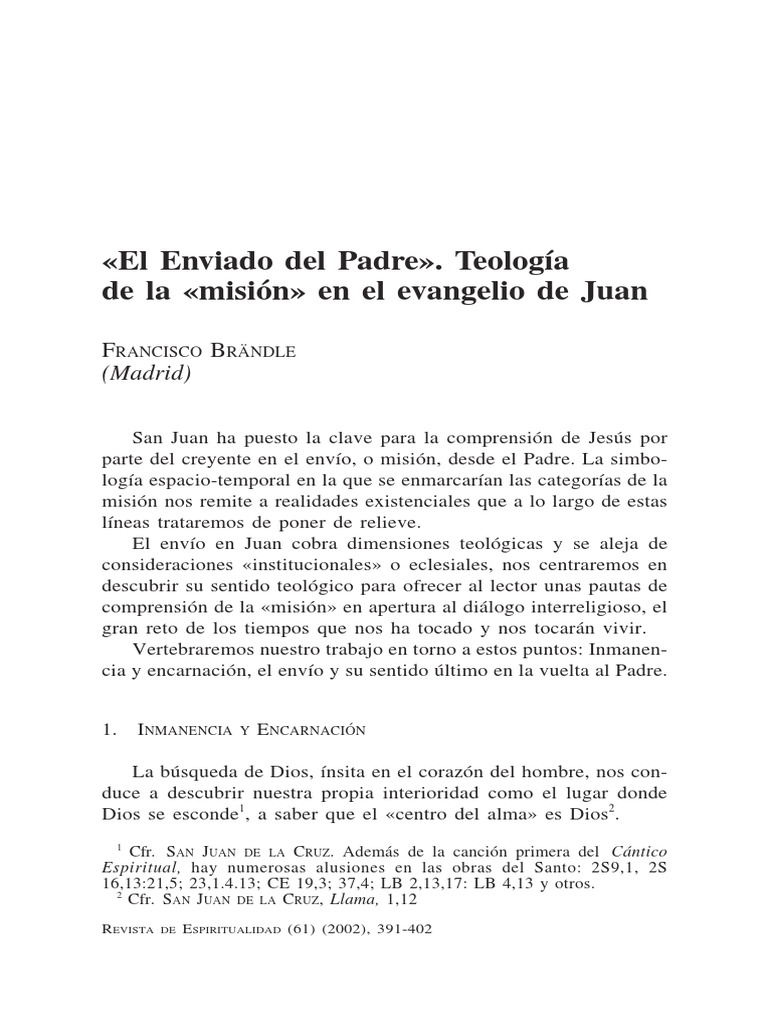 El Enviado de Juan. Teología de La Misión en El Evangelio de Juan PDF Jesús Evangelio de juan
