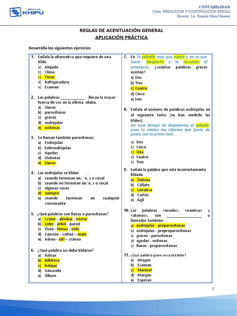 Reglas de Acentuación y Ejercicios | PDF | Estrés (lingüística) | Voz ...