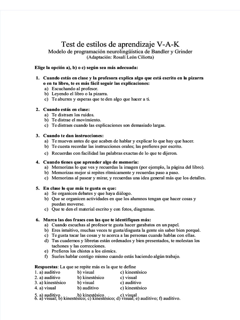 PDF Test de Estilos de Aprendizaje Visual Auditivo Kinestesico ...