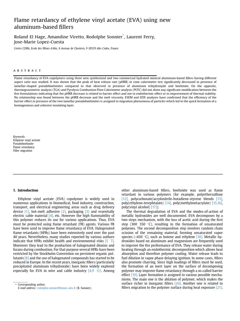 Flame Retardancy of Ethylene Vinyl Acetate (EVA) Using New AluminumBased Fillers PDF
