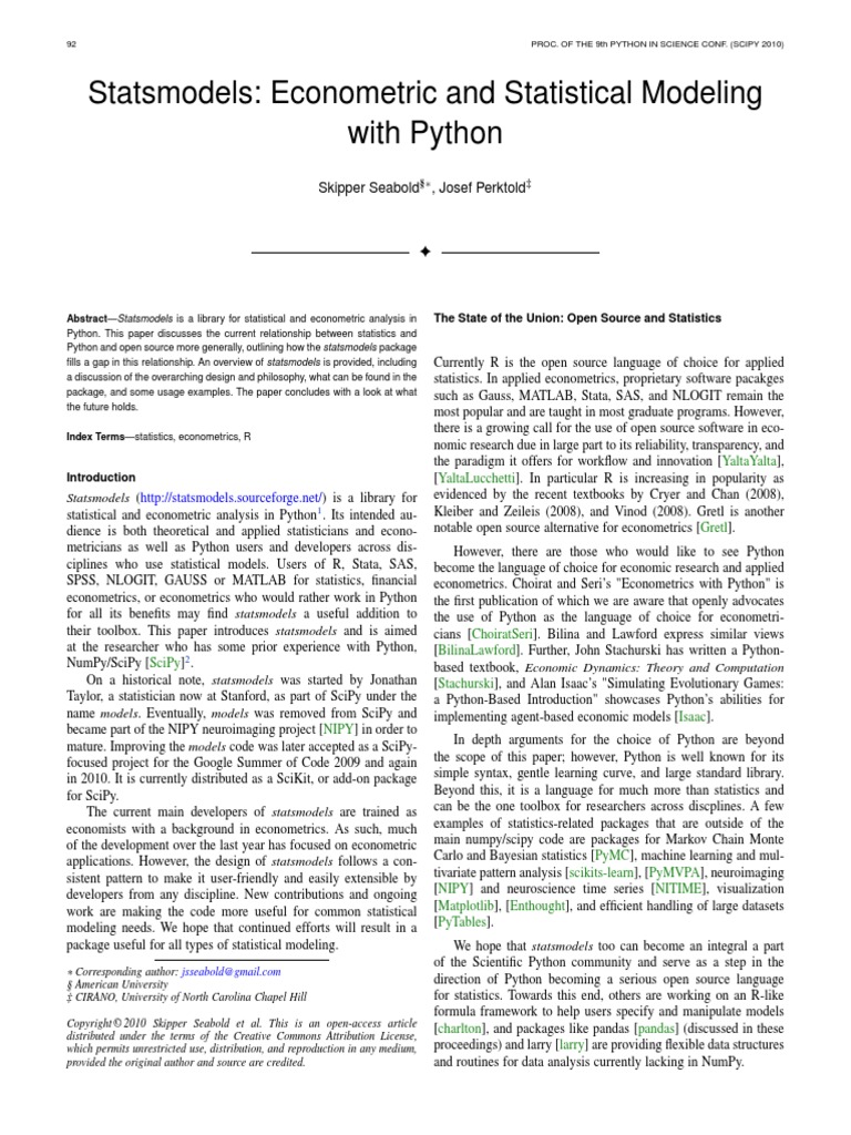 Statsmodels: Econometric and Statistical Modeling With Python | PDF ...