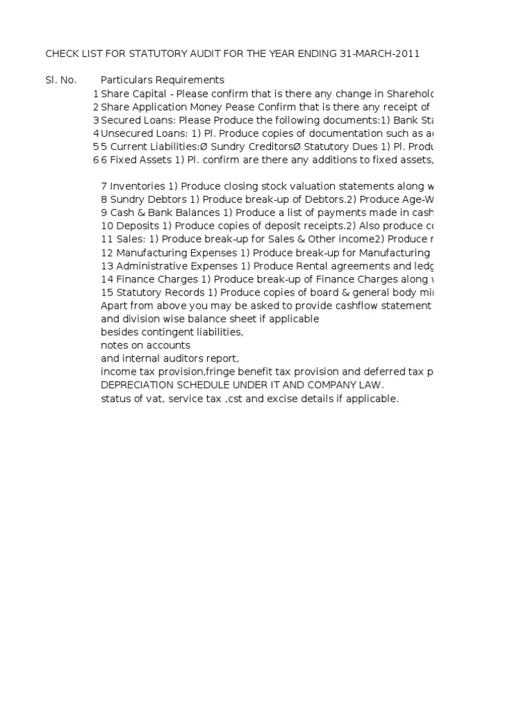 Statutory Audit Checklist | PDF | Stocks | Receipt