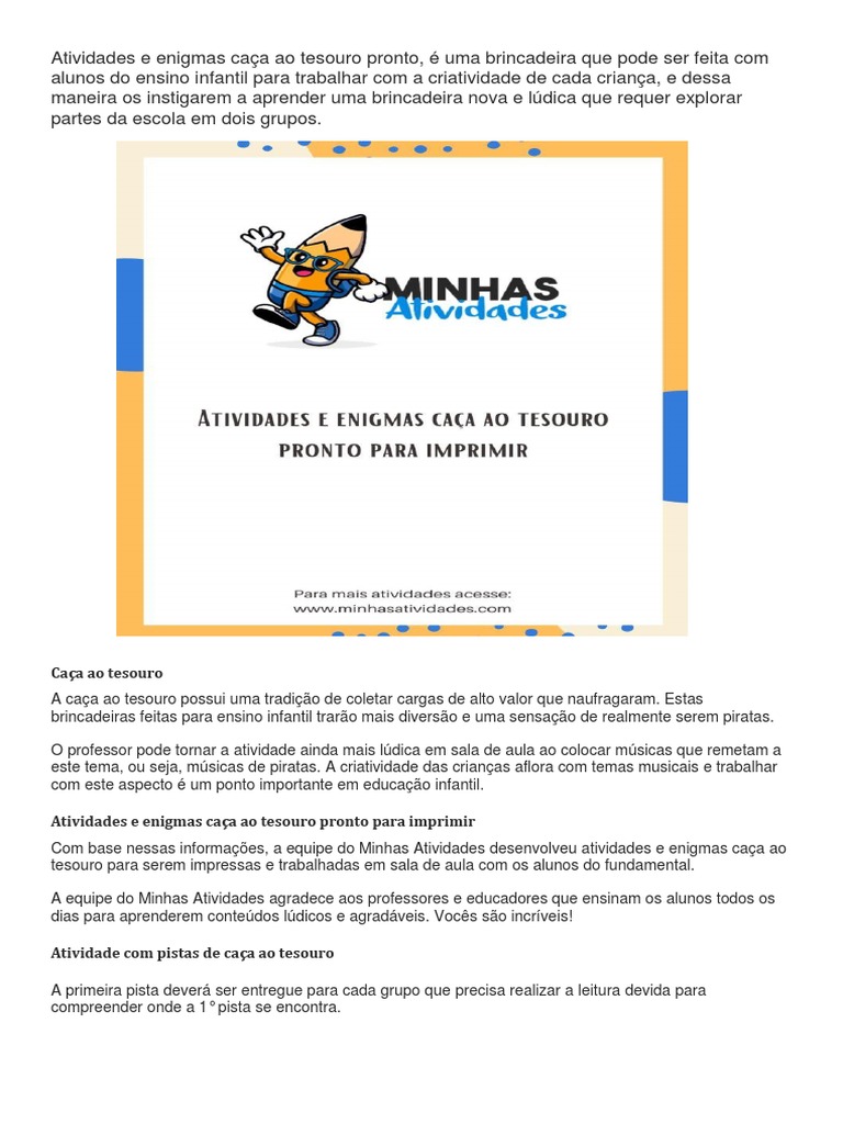 Enigmas para Caça ao Tesouro Escolar | PDF | Pré-escola