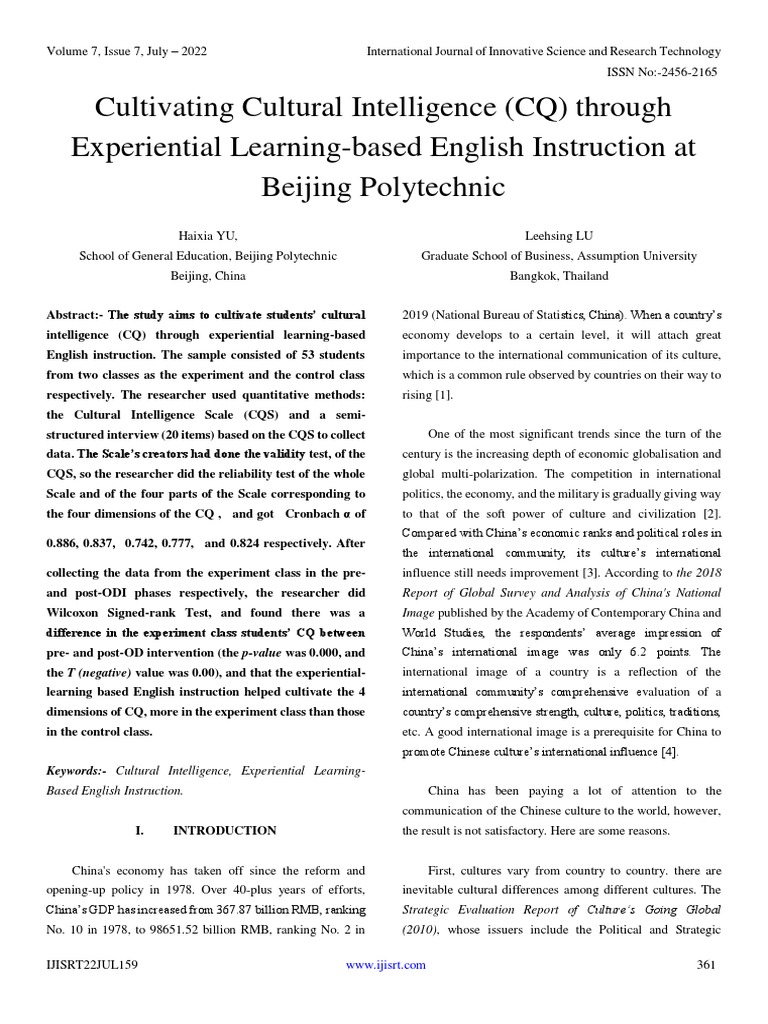 Cultivating Cultural Intelligence (CQ) Through Experiential Learning ...