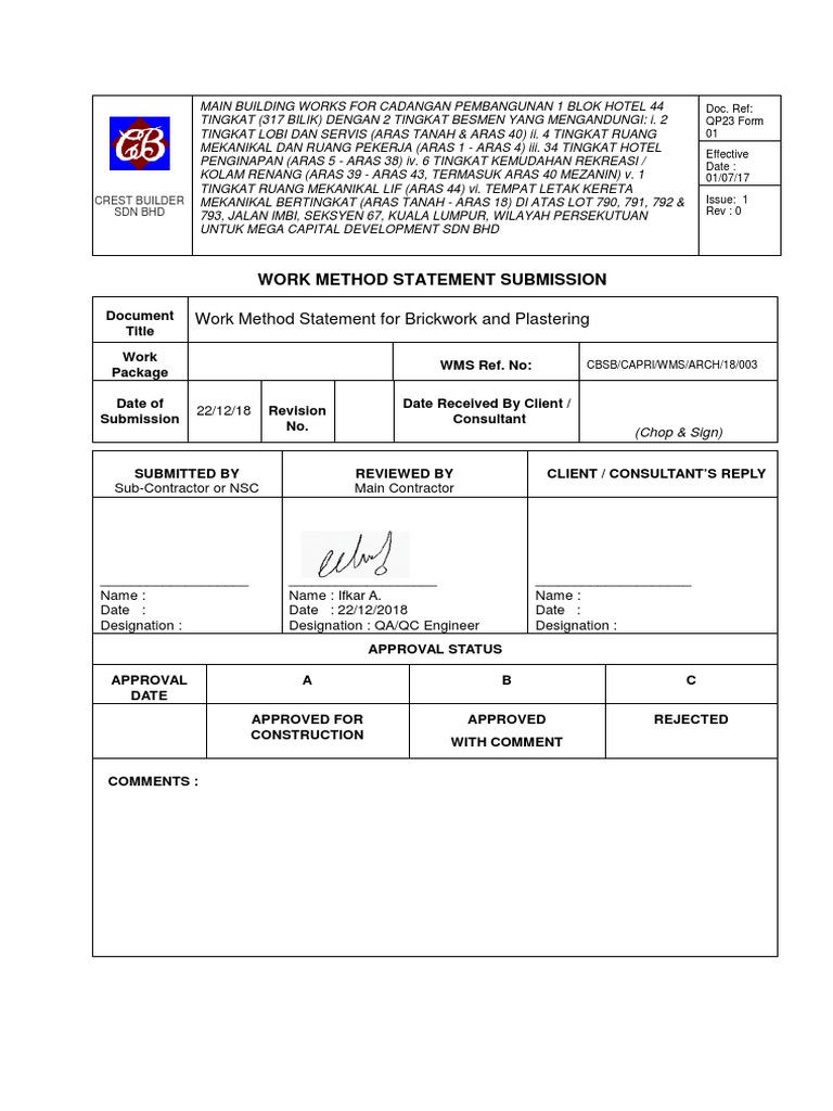 Brickwork and Plastering Method Statement | PDF | Mortar (Masonry) | Brick