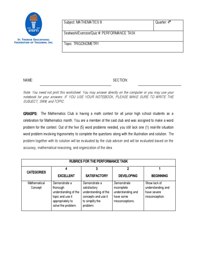 Trigonometry Performance Task Guide | PDF | Mathematics | Concept