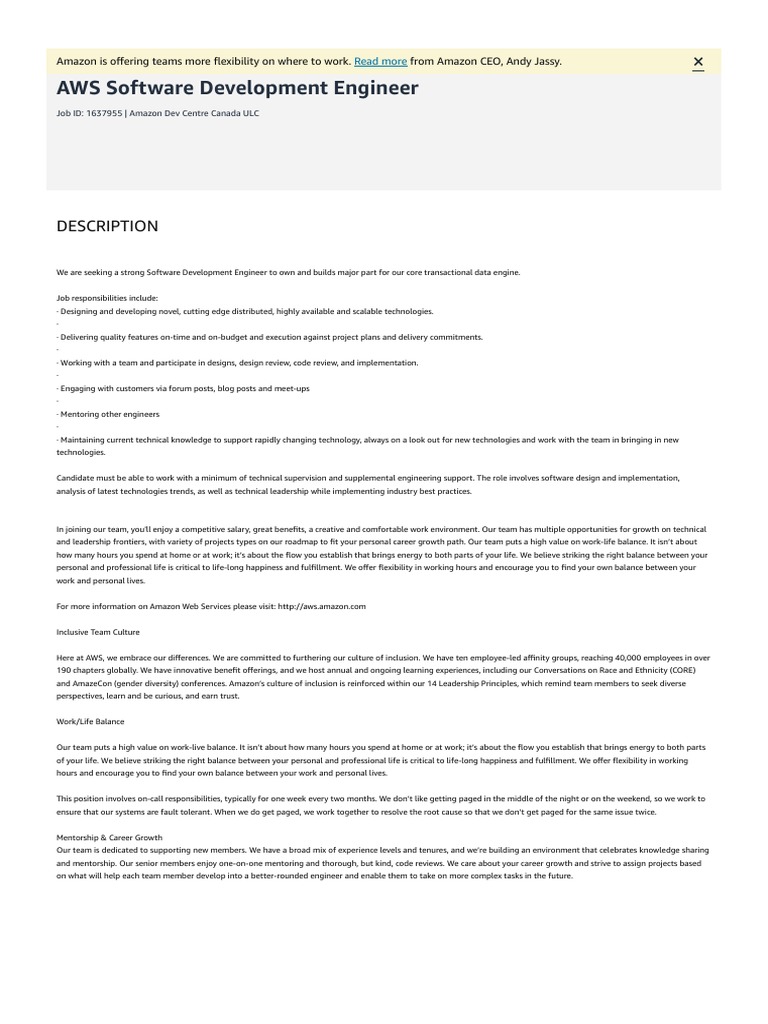 AWS Software Development Engineer - Job ID - 1637955 Amazon - Jobs ...
