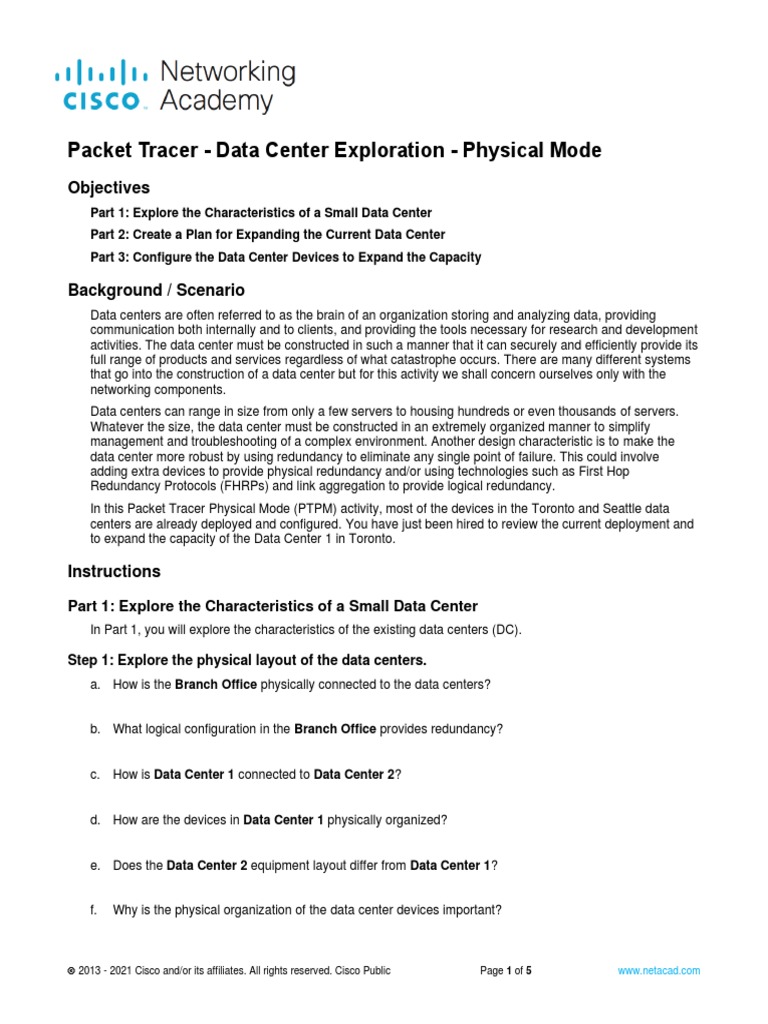 Packet Tracer - Data Center Exploration - Physical Mode: Objectives ...