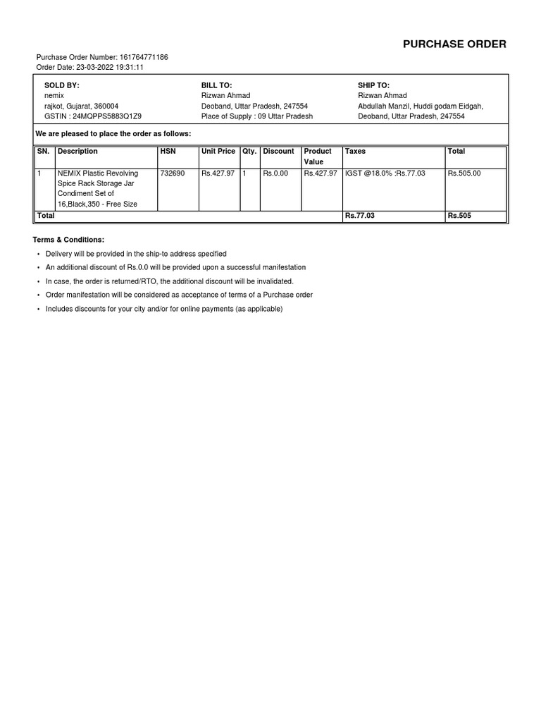 Purchase Order: Sold By: Bill To: Ship To | PDF